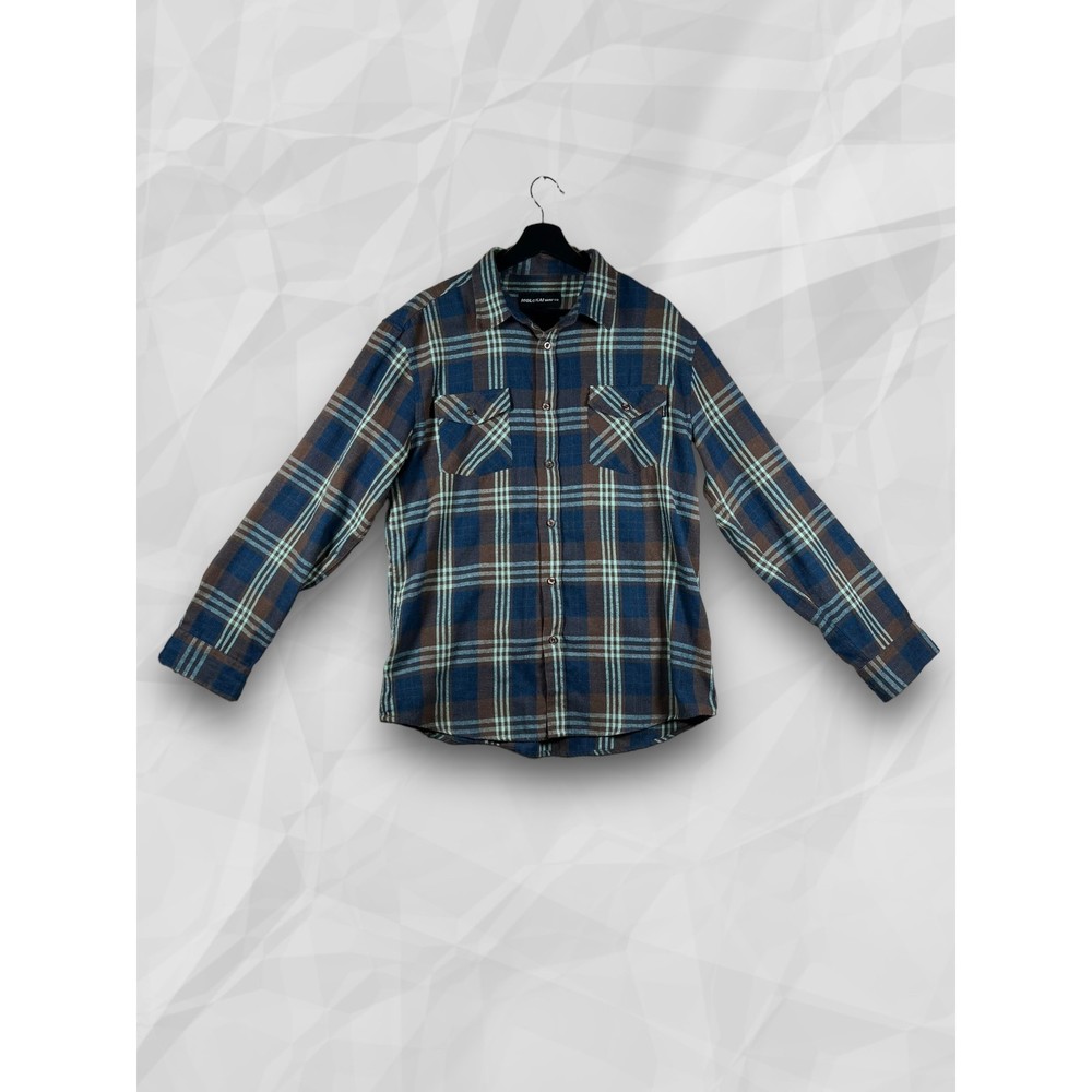 Molokai Surf Co Shirt Flannel Brown Blue Plaid Long Sleeve Button Up Men's Large